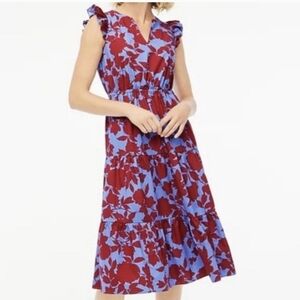 J. Crew Ruffled Sleeve Cotton Tiered Midi Dress W/Pockets, 10.